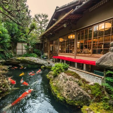 Traditional Japanese house with koi pond.