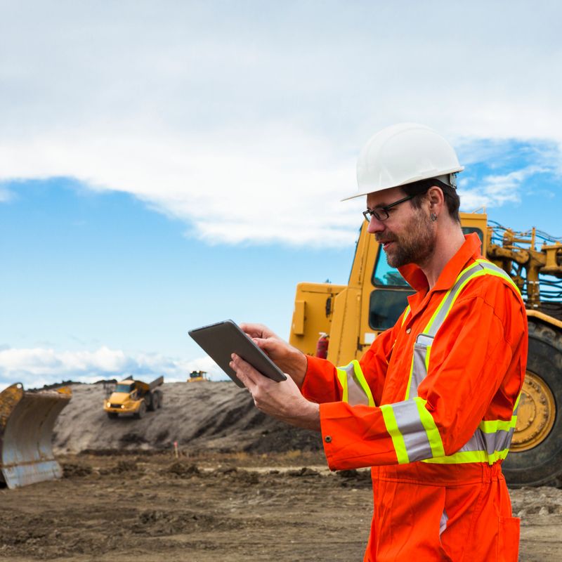 Worker with tablet computer working on a construction site.
