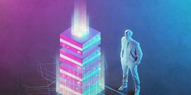 A man in a suit observing a glowing, futuristic data tower emitting light.
