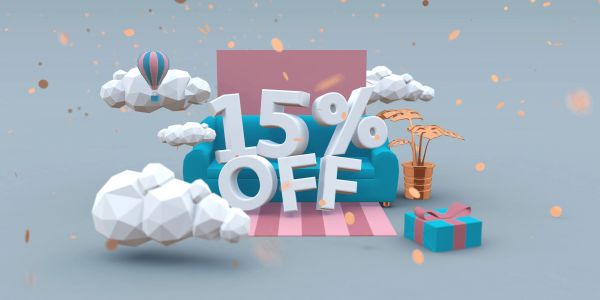 15% off discount promotion with clouds and gift.