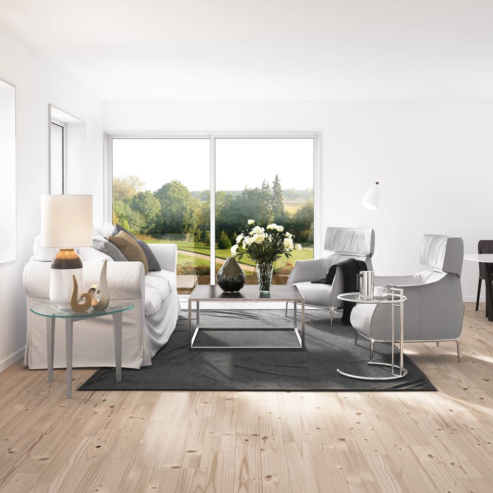 Bright and modern living room with large windows and minimalistic furniture.