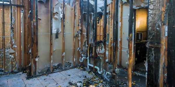 Interior of a house severely damaged by fire, showing charred wooden frames and peeling walls.