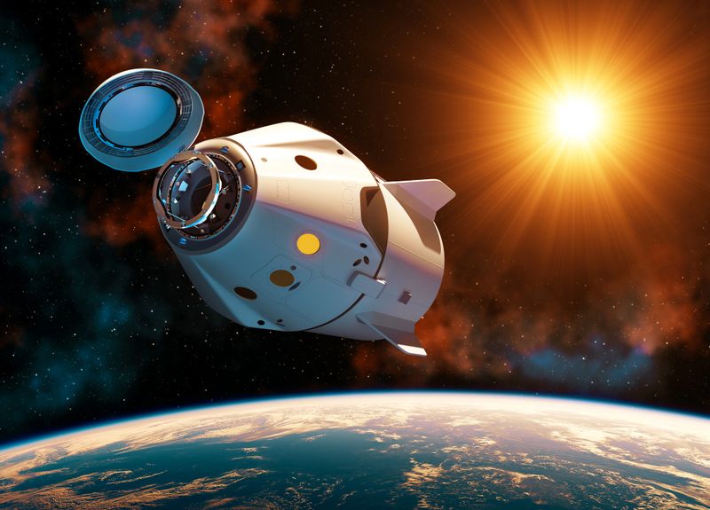 Commercial Spacecraft With Open Docking Hatch In The Rays Of Sun. 3D Illustration.