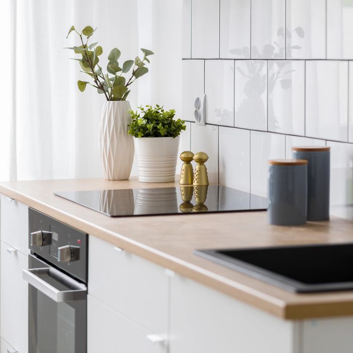 Modern kitchen with induction stove, white cabinets, and decorative plants.