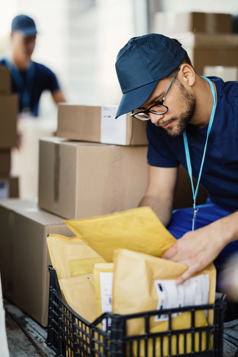Delivery man sorting packages for shipment in a mini van. His colleague is in the background.