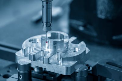 Precision measurement of a metal component using a coordinate measuring machine.