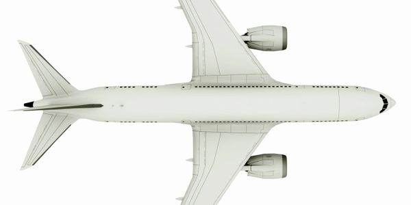 Top view of a white commercial airplane with two engines.