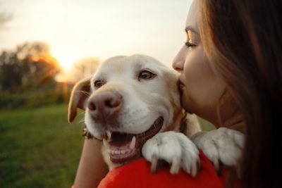 Woman lovingly hugging her happy dog at sunset.