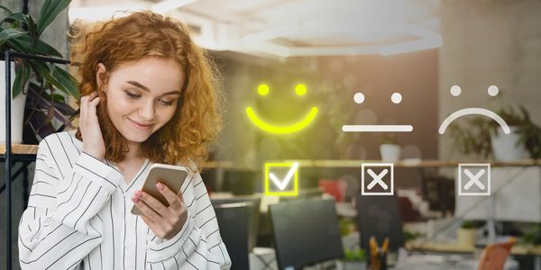 A woman giving feedback on her phone