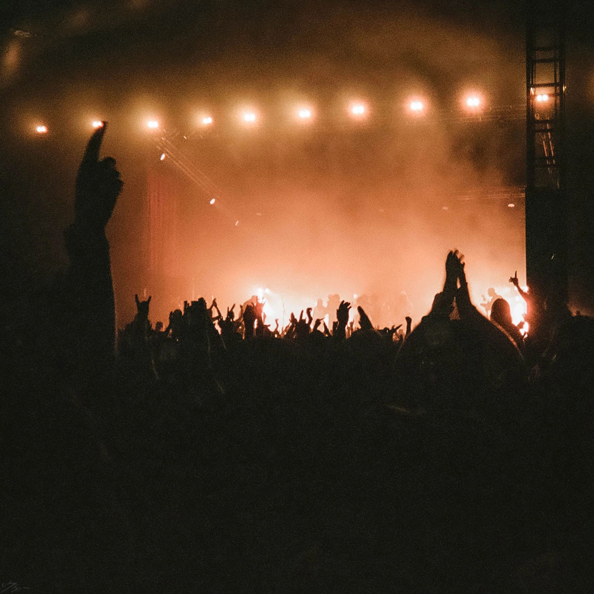 Crowd enjoying a concert with raised hands and bright stage lights.