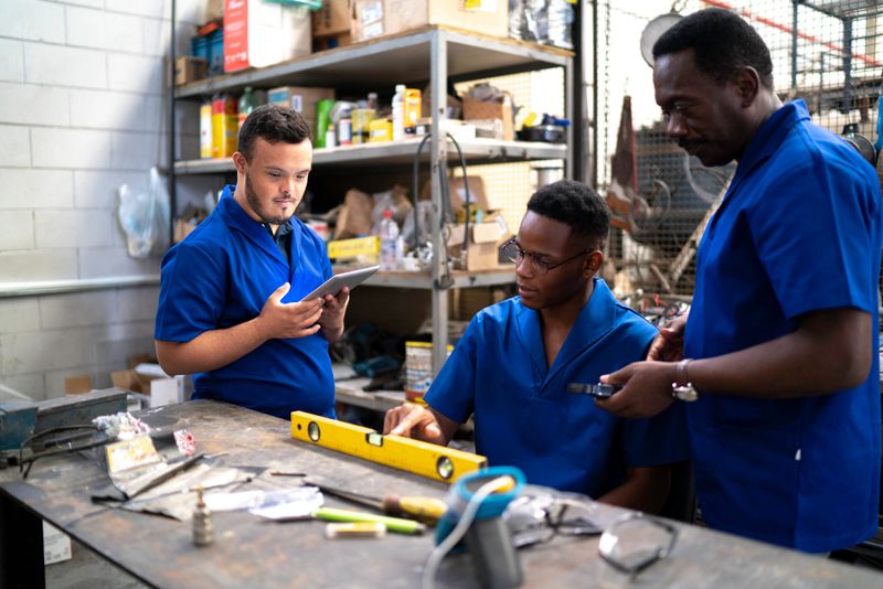 Colleagues using digital tablet and working in industry