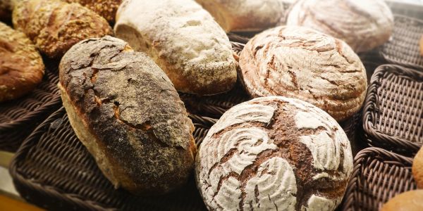Freshly baked rustic bread loaves.