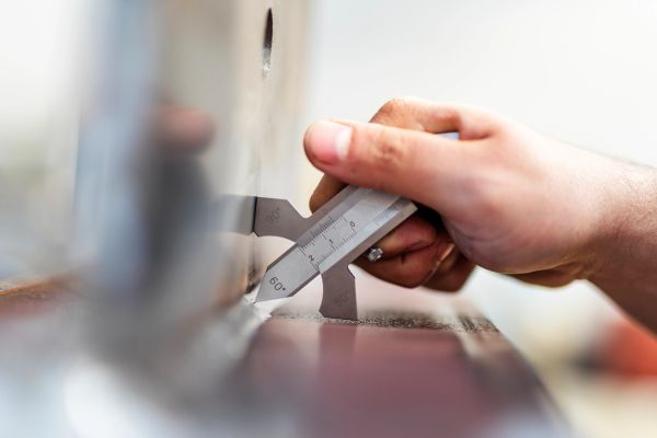 Hand using a precision caliper to measure a metal surface.