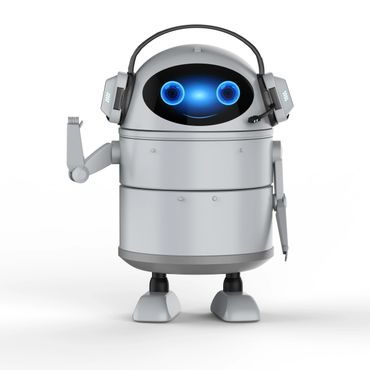 Friendly robot with blue eyes and headset waving hello.