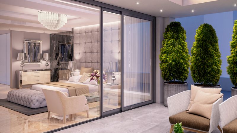 Luxury hotel like bedroom interior with large bed, seat, and terrace. expensive marble wall and decorative ceiling. copy space render