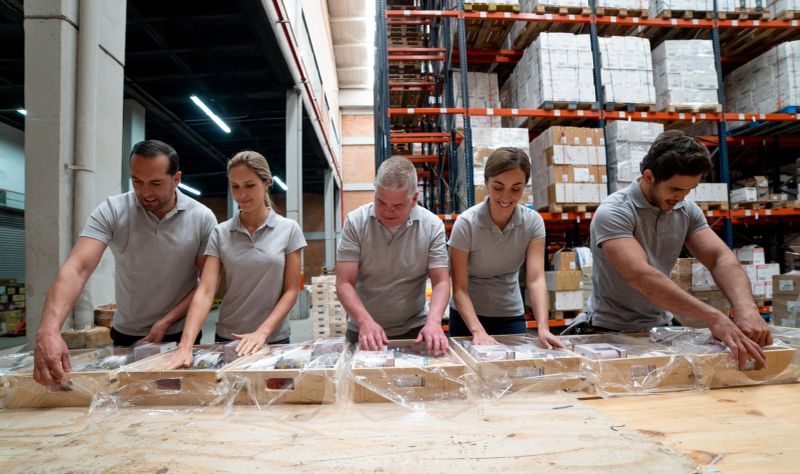 Group of Latin American workers at a warehouse finishing the orders and packing merchandise