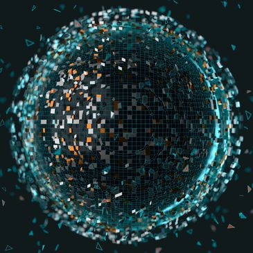 Digital sphere with fragmented particles and grid.