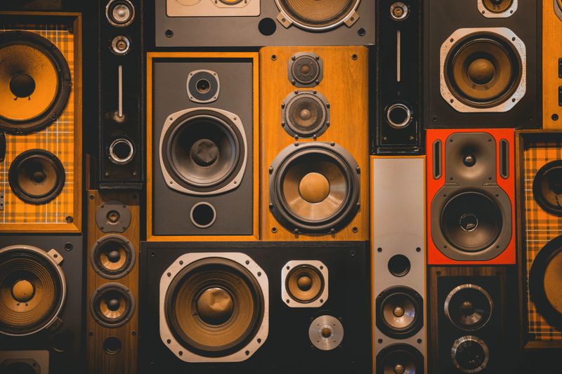 Wall of retro vintage style Music sound speakers