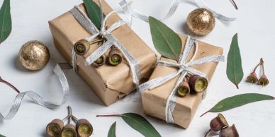 Eco-friendly wrapped gifts with natural decorations.
