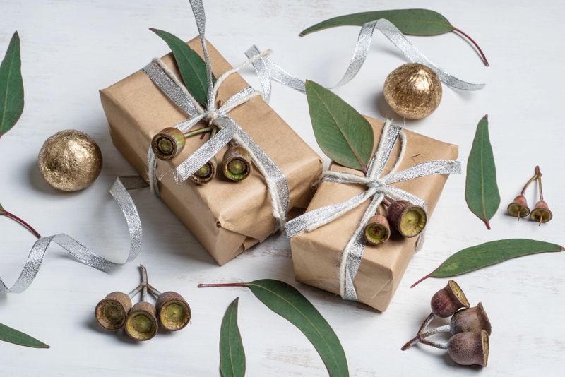 Gifts surrounded by Australian native eucalyptus leaves, gum nuts and gold decorations on a wooden background. Presents are wrapped in silver ribbon and rustic twine. Gifts/presents can be for any occasion, Christmas, Birthday or Anniversary or any special occasions.