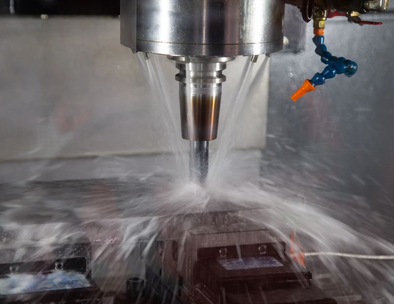 CNC milling machine cutting workpiece with coolant