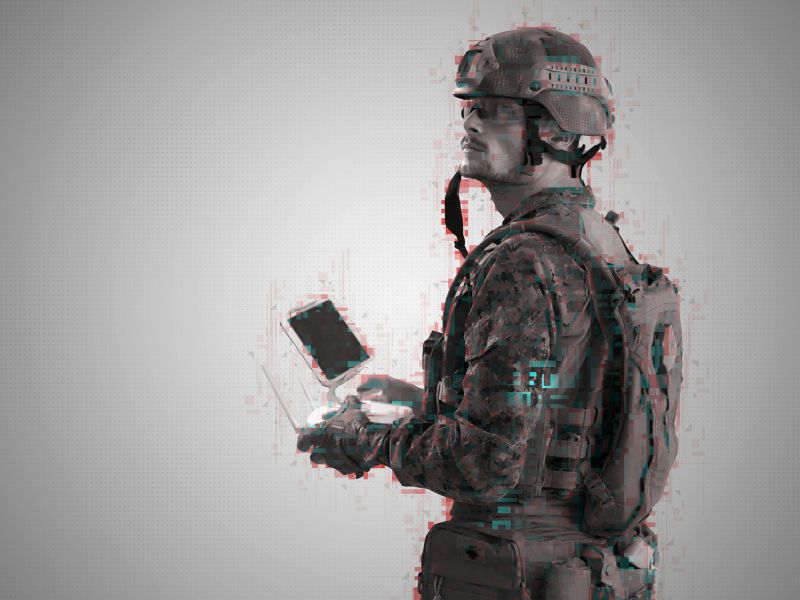 modern warfare soldier as drone control technician WITH GLITCH COMPUTER ERROR EFFECT