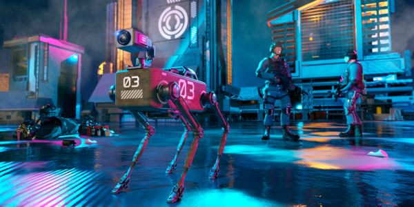 A robotic dog in a futuristic setting with two armed people.