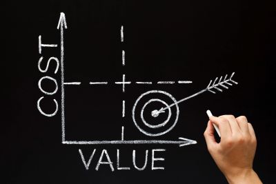 Graph showing cost versus value with an arrow hitting the target.