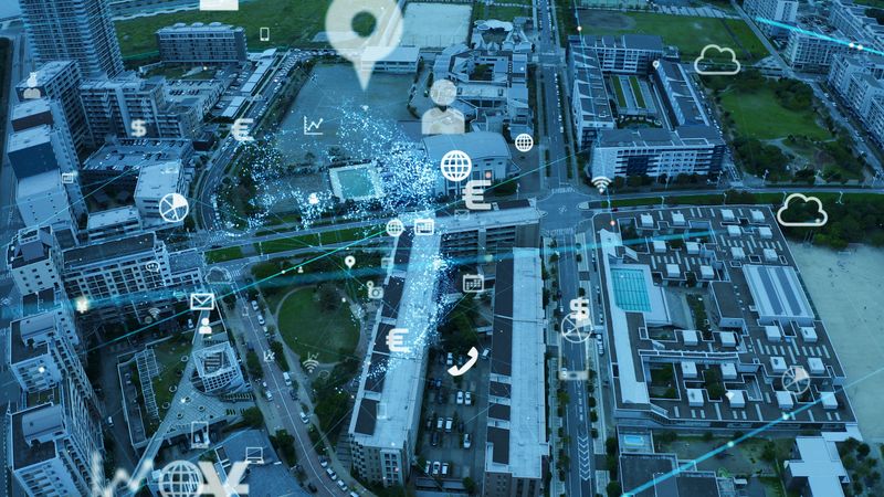 Smart city and communication network concept. IoT (Internet of Things). 5G. Wireless communication.