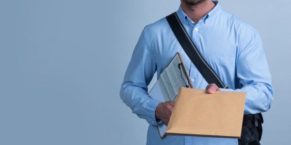 A delivery man holding an envelope and clipboard.