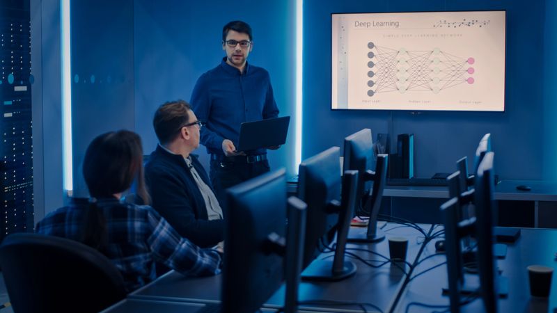 Team of Professional IT Developers Have a Meeting, Speaker Talks about New Blockchain Based Software Development Shown on TV. Concept: Software Development, Deep Learning, Artificial Intelligence, Data Mining