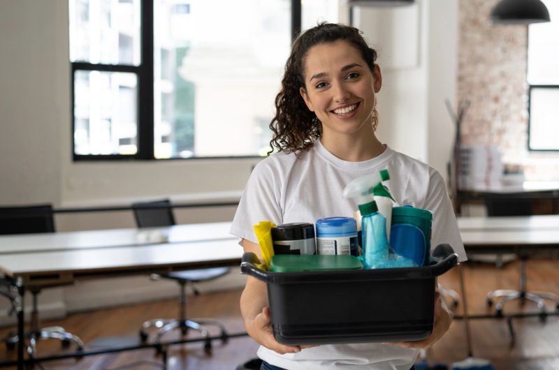 Portrait of beautiful female cleaner holding a bucket with cleaning supplies at an office smiling at camera - Service concepts