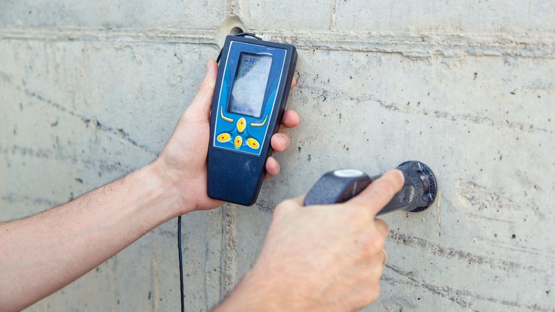 A person examines the concrete and determines the properties, density and quality of the finished concrete with a special device. The device is similar to a gun to which a measuring device is attached.