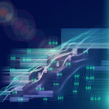 Abstract digital data visualization with flowing lines, charts, and numerical values.