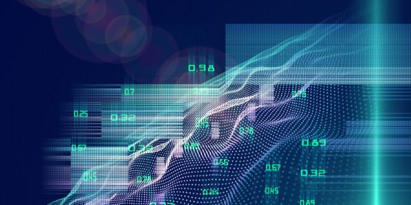 Abstract digital data visualization with wave patterns and numbers.