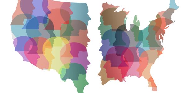 Colorful overlapping human profiles form the shape of the United States.