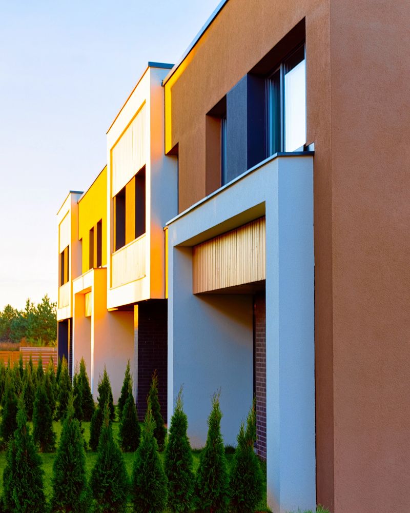 Apartment in residential building exterior. Housing structure at blue modern house of Europe. Rental home in city district on summer. Architecture for business property investment, Vilnius, Lithuania.