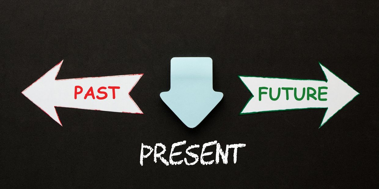 Arrows pointing left to past, right to future, and down to present on black background.