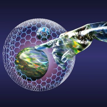 Mano digital tocando una esfera tecnológica.