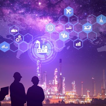 Silhouettes of engineers with futuristic industrial icons over a night refinery.