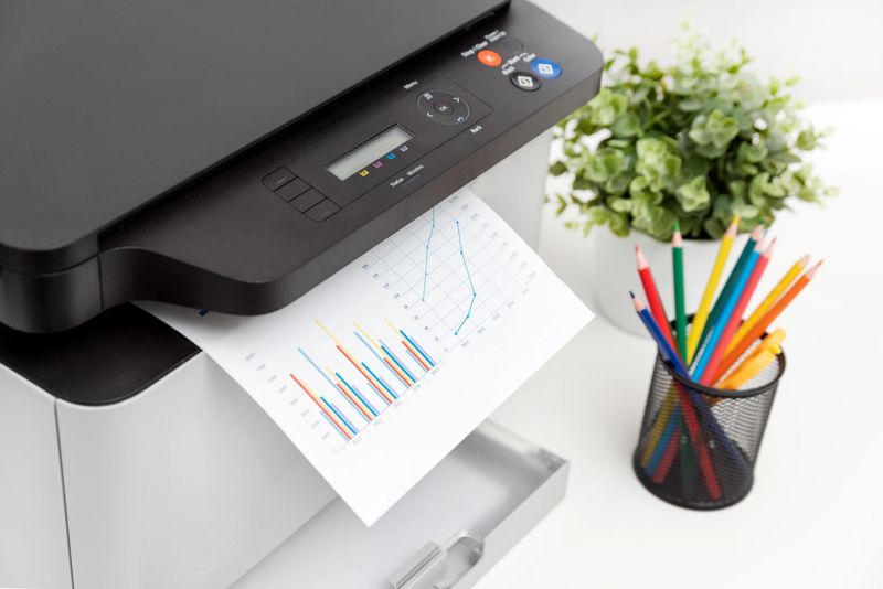 Multifunction device, copier, scanner, printer in office. Professional laser printer.