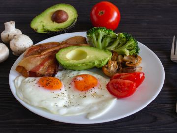 Plate with sunny-side-up eggs, avocado, bacon, broccoli, tomato, and mushrooms.