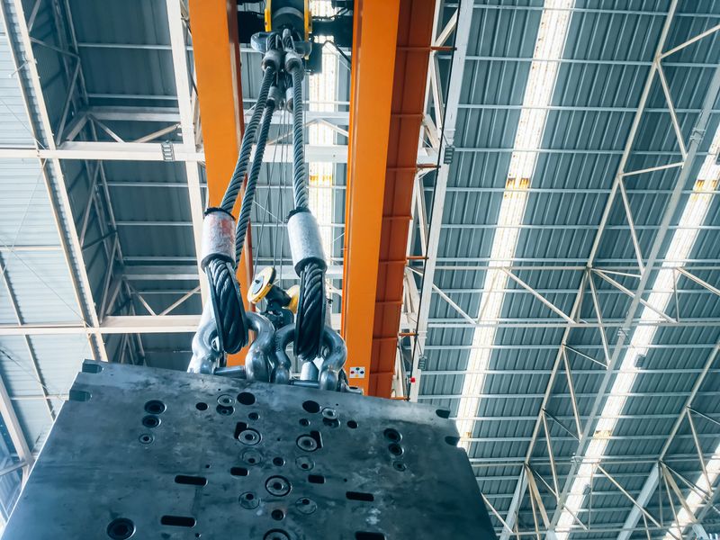 Overhead crane lifting the mold inside factory building, industrial background.