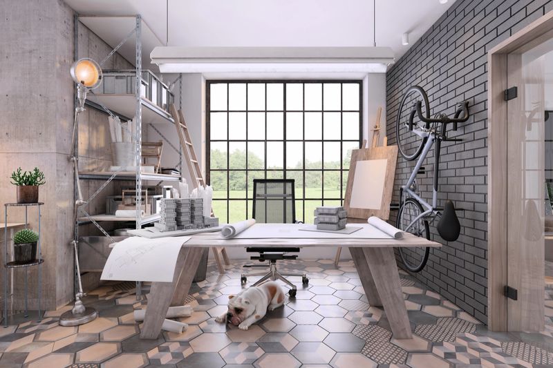 Small home office interior with large wooden desk and paper model and papers for copy space. Big window in the background, big brick wall with bicycle and shelf. Render.