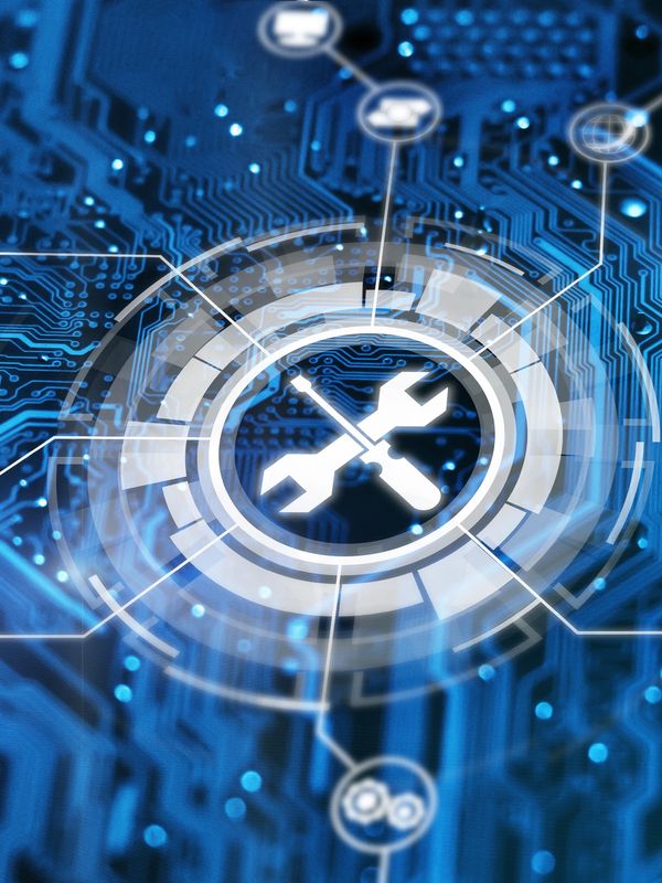 Technology circuit board graphic representing QA automation and software testing.