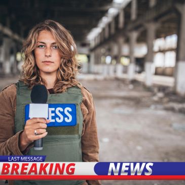 Journaliste en gilet pare-balles dans un bâtiment abandonné.