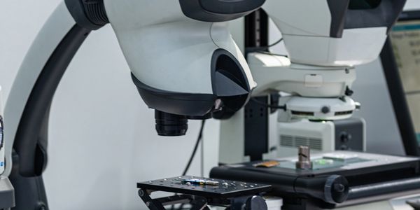 Close-up of a high-tech microscope in a laboratory setting.