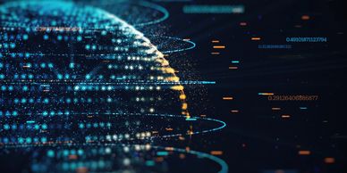 Digital globe with glowing hexagons and data points in blue and orange.