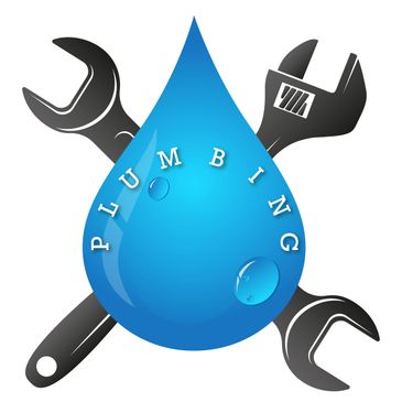 Blue water drop with plumbing tools and the word PLUMBING.