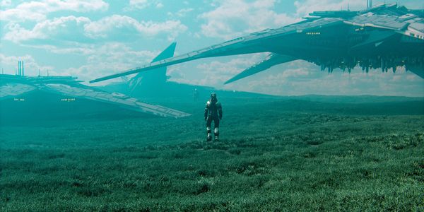 Two astronauts walk on a grassy field towards massive futuristic spacecraft on Meta Quest VR by Aexo Studios